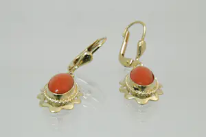 11- Elegant paar 14krt gouden oorhangers met ovalen bloedkoraal stenen kopen? Bied vanaf 170!