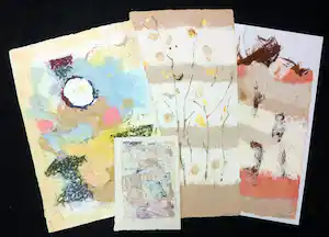 Maria Diduch - Lot van 4 originele werken in gemengde techniek met vezels en bladgoud verkocht voor € 50!