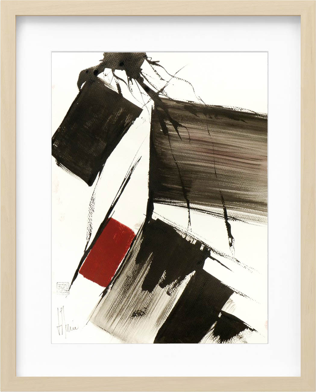 Jean-Jacques Marie - Abstraction noire à l’accent rouge encadrée kopen? Bied vanaf 90!