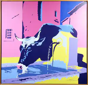 Marco Kooiman - Acryl op doek, Cow drinking at fountain - Ingelijst (Groot) verkocht voor € 270!