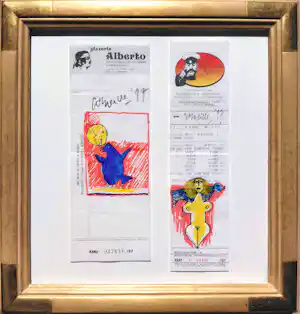 Corneille - Vrouw en vogel op kassabonnen, stifttekeningen op papier (mooi ingelijst) kopen? Bied vanaf 995!