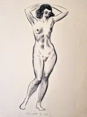 Wim Zwiers - Monochrome lithografie staand vrouwelijk naakt - zeer kleine oplage - 1949 verkocht voor € 39!