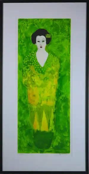 Carolina Paulussen - Zeefdruk op papier, Geisha Groen - Ingelijst verkocht voor € 70!