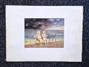 Hans van Norden - Grote, in 1981 geschilderde karikaturale aquarel "Avondrust" gesigneerd verkocht voor € 41!