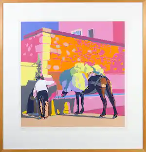 Marco Kooiman - Zeefdruk, Man and Mule at fountain - Ingelijst verkocht voor € 54!