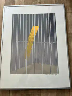 Jeroen Henneman - Ingelijste zeefdruk , Kanarie in Kooi – 1987 . verkocht voor € 50!