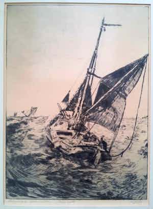 Willem Jans Dijk - Hoog aan op de Westerschelde. Zeilschip op volle zee. verkocht voor € 89!