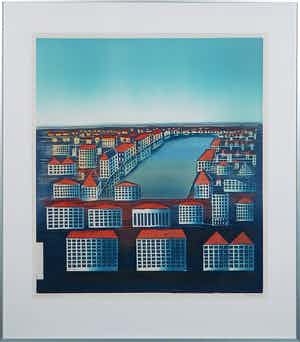Willem de Vries - Houtsnede, Lost City VI- Ingelijst verkocht voor € 40!