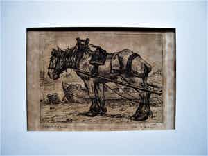 Johan Ponsioen - Grafisch meesterwerkje - droge naald Ets "Werkpaard" gesigneerd verkocht voor € 35!