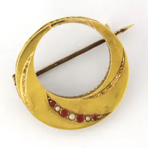 14k gouden broche bezet met robijn en parel kopen? Bied vanaf 190!