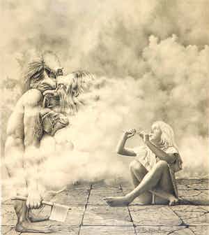 Peter Breedijk - Zeer gedetailleerde potloodtekening, Fantasiefiguren en meisje met fluit verkocht voor € 120!