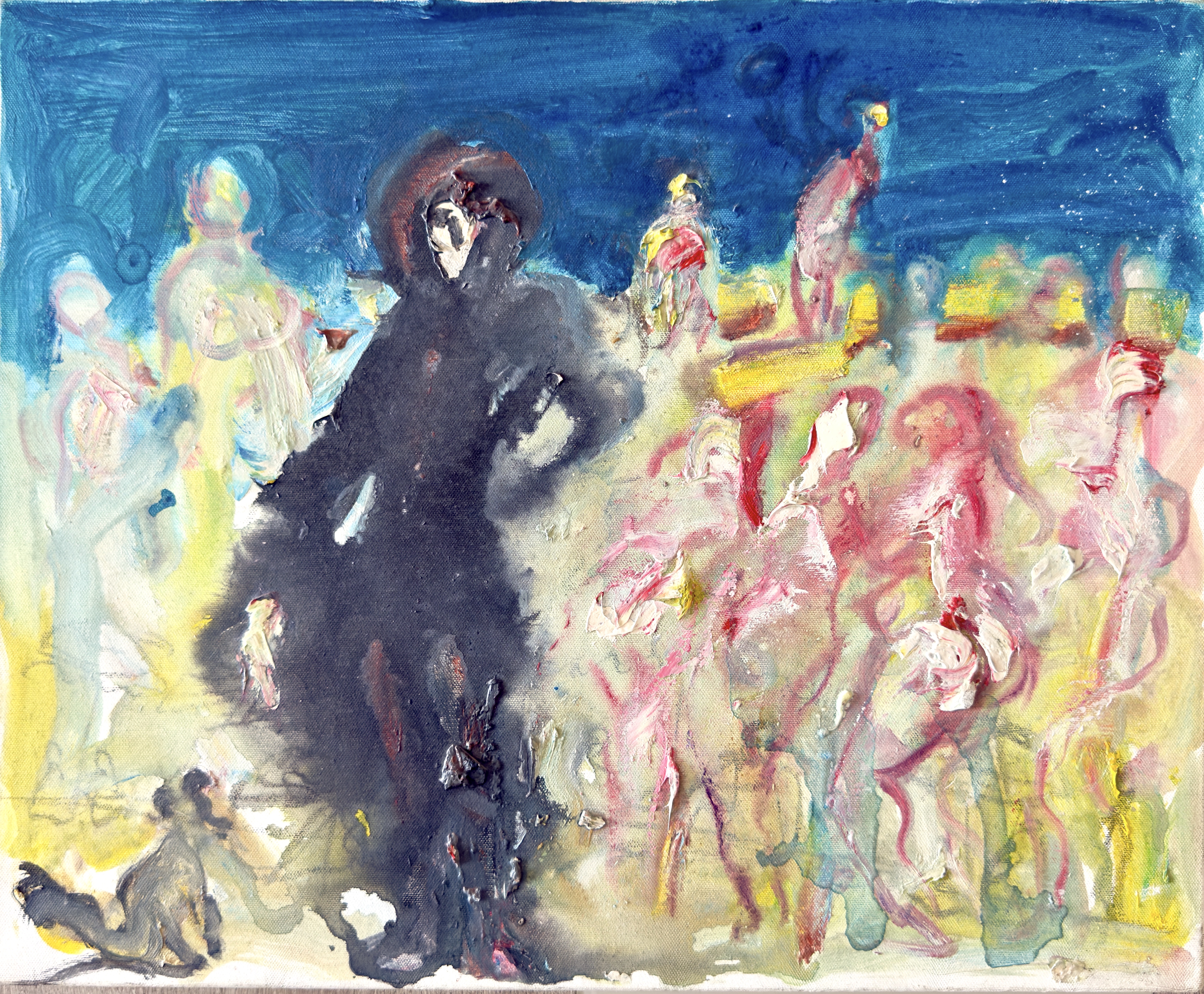 Bernard Damiano - Huile sur toile - Personnages sur fond bleu -1998 kopen? Bied vanaf 350!