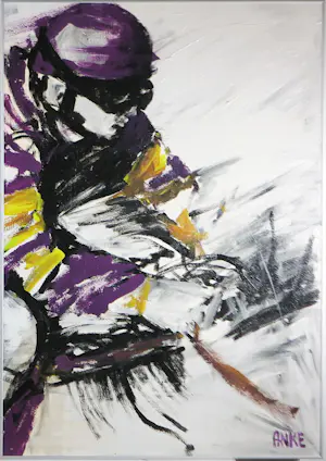 Anke Peddemors - Acryl op paneel, Tweeluik, Jockey rijder - Ingelijst kopen? Bied vanaf 50!