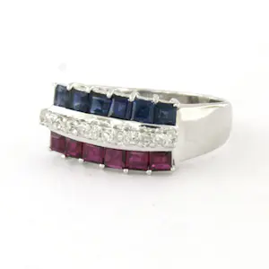 18k gouden ring met saffier, robijn en single cut geslepen diamant tot. 0.15ct kopen? Bied vanaf 660!