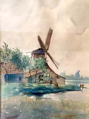 Marius Johannes Janssen - Landschap met Molen - Aquarel, Ingelijst verkocht voor € 45!