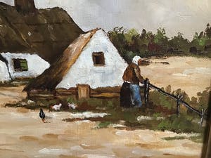 Niet of onleesbaar gesigneerd - Boerenerf met boerin en kippen. kopen? Bied vanaf 1!