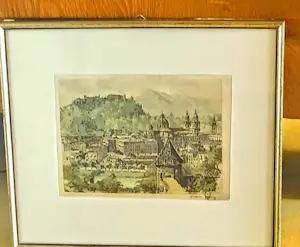 Hans Figura - Farbradierung auf Seide "Salzburg" im Rahmen (27 x 30 cm) sehr guter Zustand kopen? Bied vanaf 70!