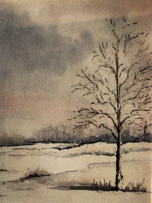 Niet of onleesbaar gesigneerd - Sfeervol impressionistische Aquarel "winterlandschap namiddag" gesigneerd kopen? Bied vanaf 10!