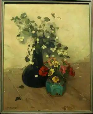 Jozef van Raay - Olieverf op doek , Bloemstilleven – Ingelijst, 63 x 53 cm. verkocht voor € 380!