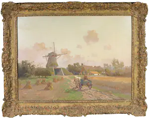 Jan Simon Knikker (jr.) - Olieverf op doek, Landschap met wagen en molen - Ingelijst kopen? Bied vanaf 200!