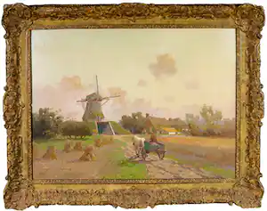 Jan Simon Knikker (jr.) - Olieverf op doek, Landschap met wagen en molen - Ingelijst verkocht voor € 200!