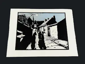 Piet Rackwitsz - maakte deze kleuren houtsnede omstreeks 1930 "nachtelijk gesprek" gesigneerd kopen? Bied vanaf 36!