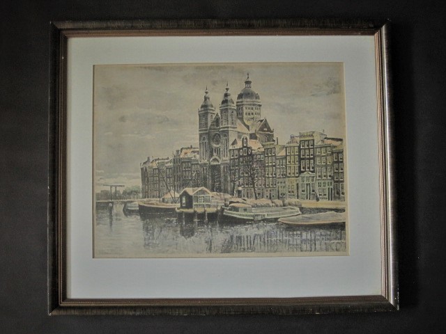 Niet of onleesbaar gesigneerd - Grote kleurenets "Amsterdam Prins Hendrikkade en Nicolaaskerk"  kopen? Bied vanaf 1!