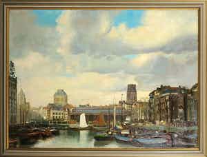 Cor van der Zwalm - Olieverf op doek, De Rotterdamse Leuvenhaven - Ingelijst verkocht voor € 382!