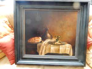 Peer Verrijt - klassiek stilleven, met kan, ham, tinnen bord, roemer, champagne flute, kleed verkocht voor € 350!