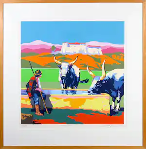 Marco Kooiman - Zeefdruk, Drinking Oxen - Ingelijst verkocht voor € 70!