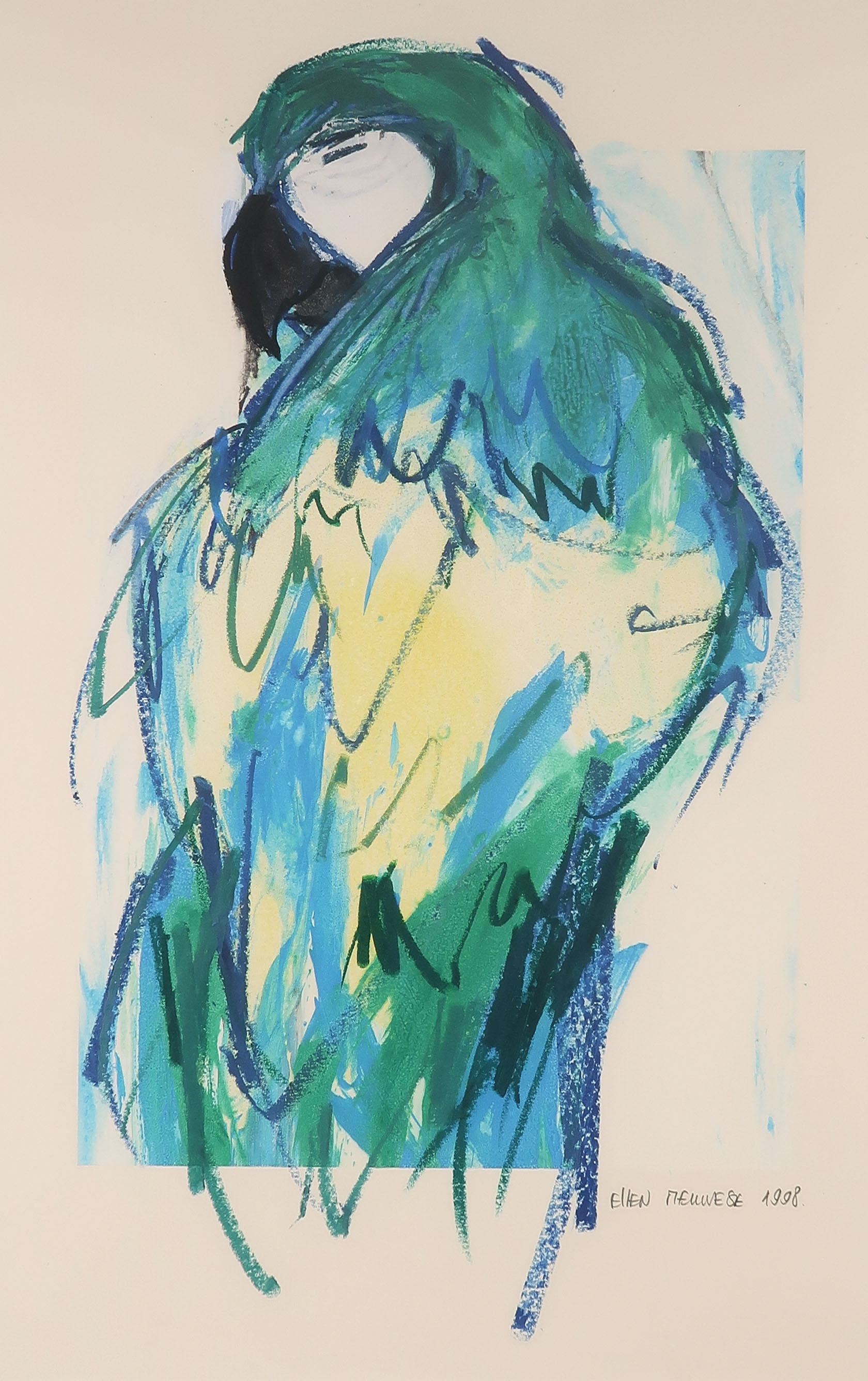 Ellen Meuwese - Gemengde techniek op papier, o.a. gouache en krijt, Papegaai - Ingelijst kopen? Bied vanaf 100!