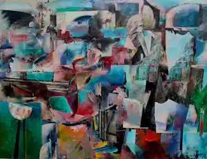 Wil Bouthoorn - Gemengde techniek op board: compositie stad - 1989 verkocht voor € 1000!