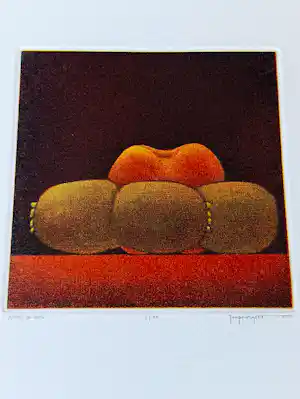 Joop Vegter - Fraaie kleine mezzotint "Perzik en kiwi's" - kleine oplage - potloodgesigneerd verkocht voor € 85!