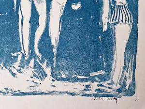 Wim Motz - Jaren 60 - bijzondere blauwe unica linosnede - Nonnen en badgasten - gesigneerd kopen? Bied vanaf 39!