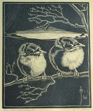 Jan Christiaan Maas - Ingelijste houtsnede , 2 Jonge vogeltjes – 1941 verkocht voor € 70!