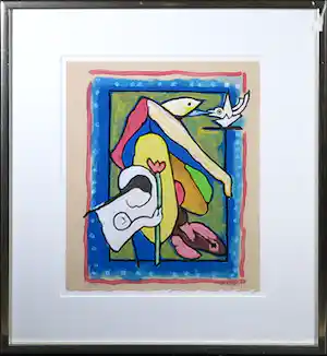 Herman Krikhaar - Kleurenlitho, Figuren en vogels - Ingelijst verkocht voor € 80!