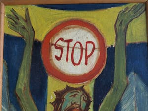 Klaas Pijlman - Olieverf op paneel , Jezus: “STOP” – gesigneerd – ca 1970 kopen? Bied vanaf 50!