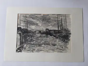 Hugo Liebe - Krijttekening, Haventje te Rijpwetering bij avond. kopen? Bied vanaf 20!