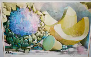 Nicolaas Wijnberg - Stilleven met artisjok en meloen - mooi ingelijste kleurenlitho uit 1986 verkocht voor € 40!