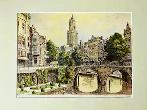 Marius Janssen - Mooie & grote ingekleurde Ets Utrecht bakkersbrug - gesigneerd fraai ingelijst verkocht voor € 57!