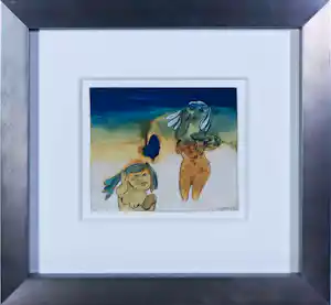 Ans Wortel - Gouache, Twee vrouwen op het strand - Ingelijst verkocht voor € 110!