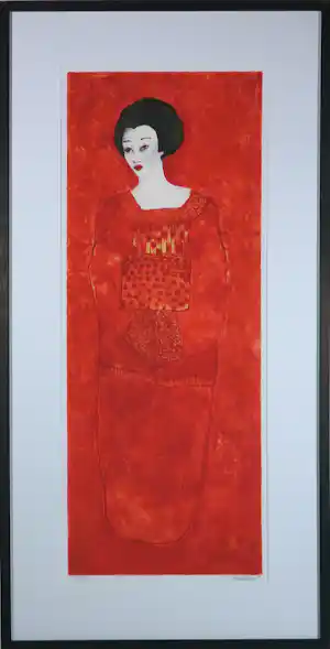 Carolina Paulussen - Zeefdruk op papier, Geisha Rood - Ingelijst verkocht voor € 70!