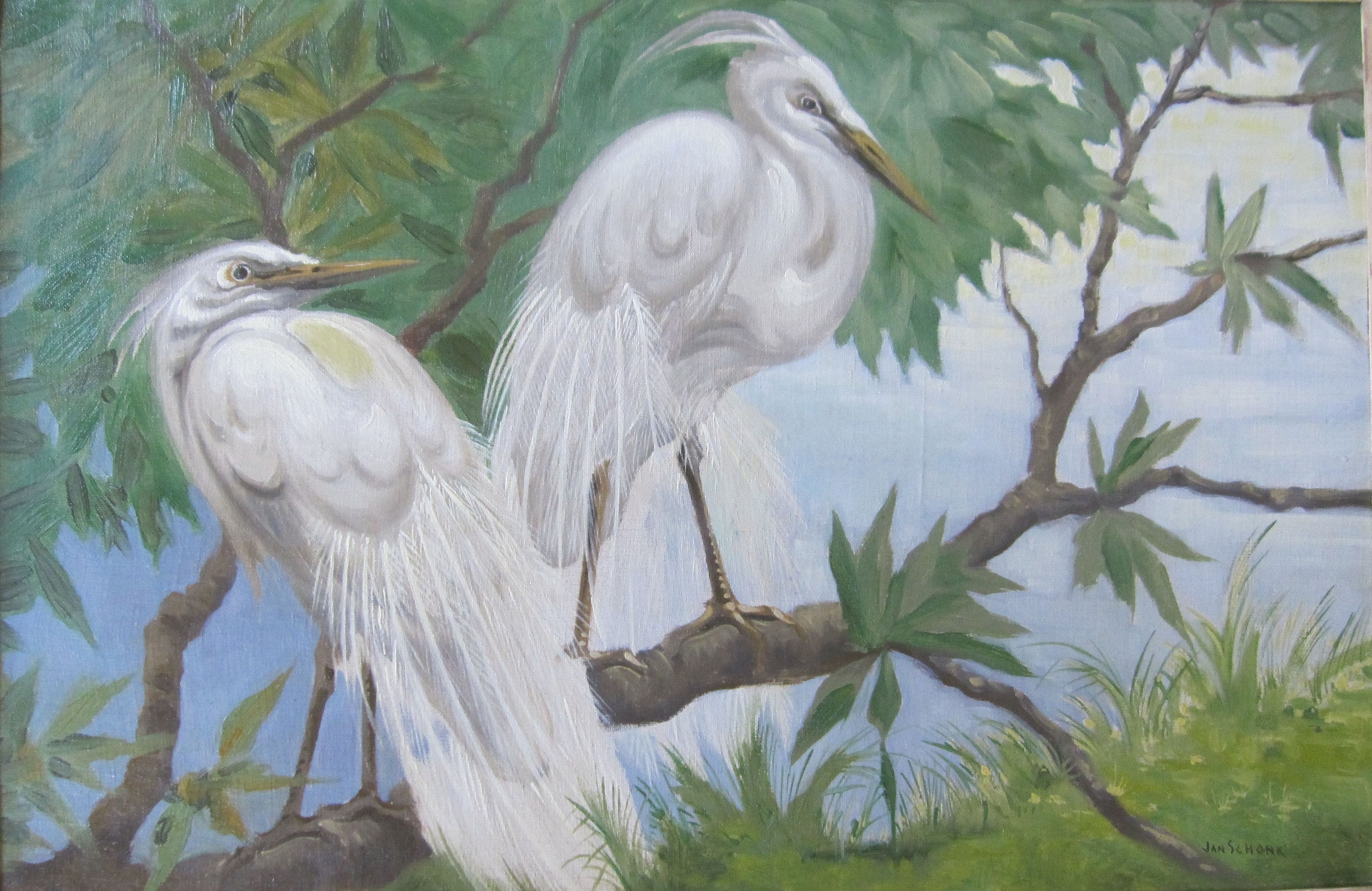 Jan Schonk - Zilverreigers in een boom verkocht voor € 280!