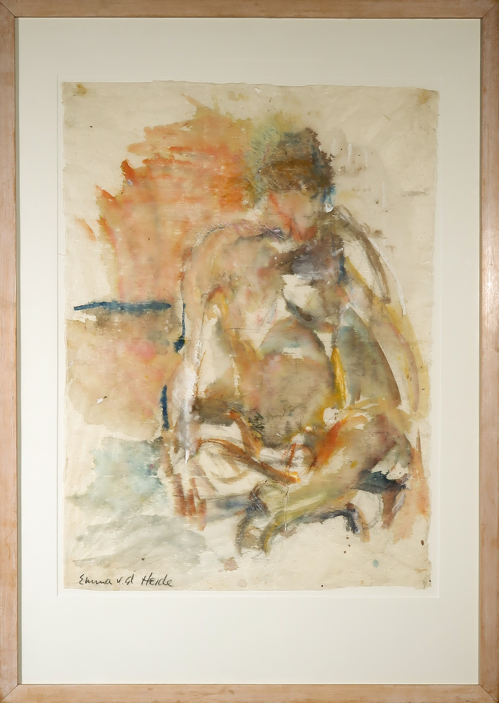 Emma van der Heide - Aquarel op Nepalees papier, Zittend naakt in lotushouding - Ingelijst verkocht voor € 80!