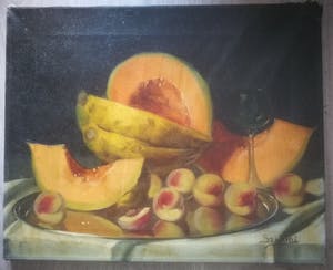 Sziklai Lajos - Stilleven met meloenen en abrikozen/pruimen. kopen? Bied vanaf 89!