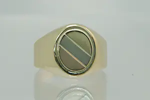 57 - Vintage zo goed als nieuwe ovalen 14krt tri-color gouden zegelring kopen? Bied vanaf 170!