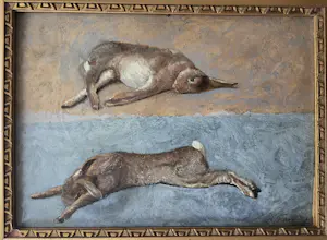 Dirk Arnoldus Tavenraat - Twee dode hazen. Bijna surrealistisch.. kopen? Bied vanaf 325!