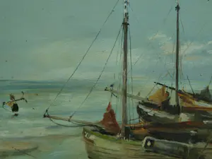 Niet of onleesbaar gesigneerd - Ingelijst, Olieverf op paneel , Vissersboten op het strand - 1888 kopen? Bied vanaf 1!