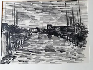 Hugo Liebe - Krijttekening, Haventje te Rijpwetering bij avond. kopen? Bied vanaf 20!