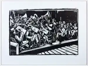 Piet Wiegman (I) - Houtsnede, De Koninklijke Harmonie van Thorn - Ingelijst verkocht voor € 25!